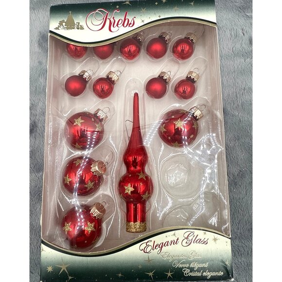 Krebs Elegant Glass Ornaments Set Of 13 With Tree Topper Red & Gold Star Design - Picture 1 of 5